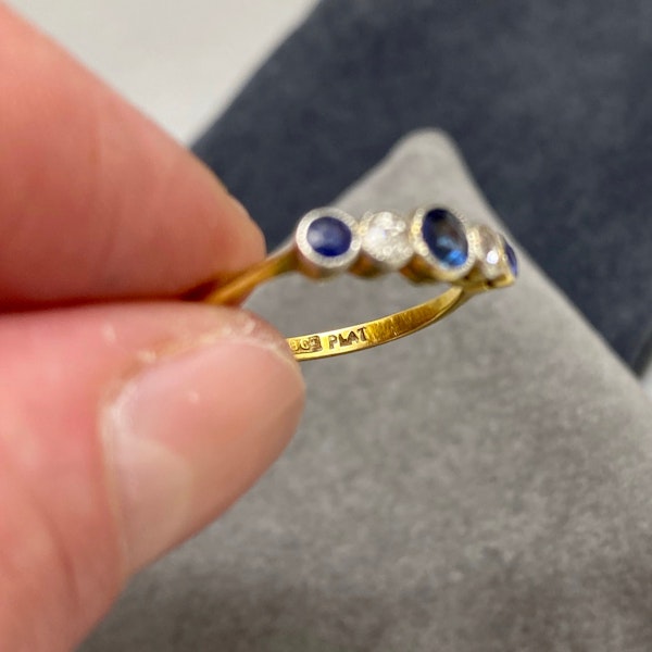 Sapphire Diamond five stone Ring in 18ct Gold/Platinum date circa 1905, Lilly's Attic since 2001 - image 3
