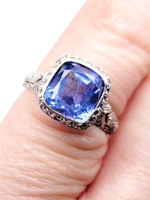 Gem Cornflower Ceylon sapphire and diamond antique engagement ring SKU: 7096 DBGEMS