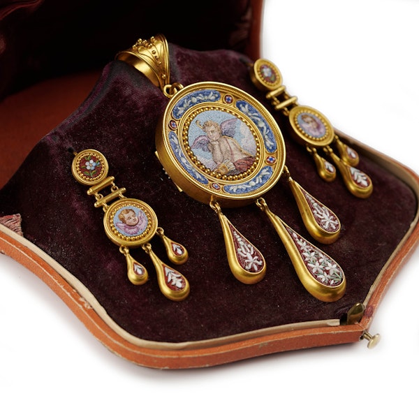 Antique Italian Micromosaic And Gold Brooch-Cum-Pendant And Earrings Suite, Circa 1850 - image 3
