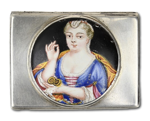 Silver box with an enamel plaque of a lady taking snuff. French, 18th century. - image 1