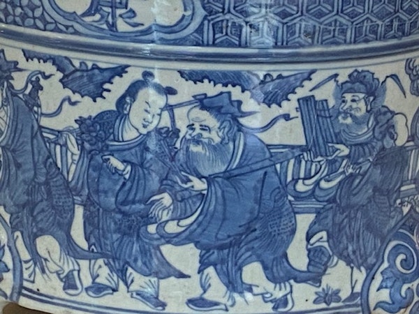 A LARGE IMPOSING CHINESE MING BLUE AND WHITE 'EIGHT IMMORTALS' TRIPOD CENSER - image 2