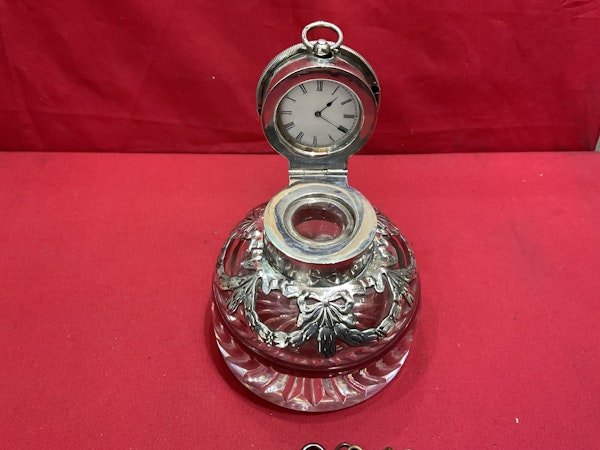 Antique silver overlaid inkwell with watch inserted - image 3