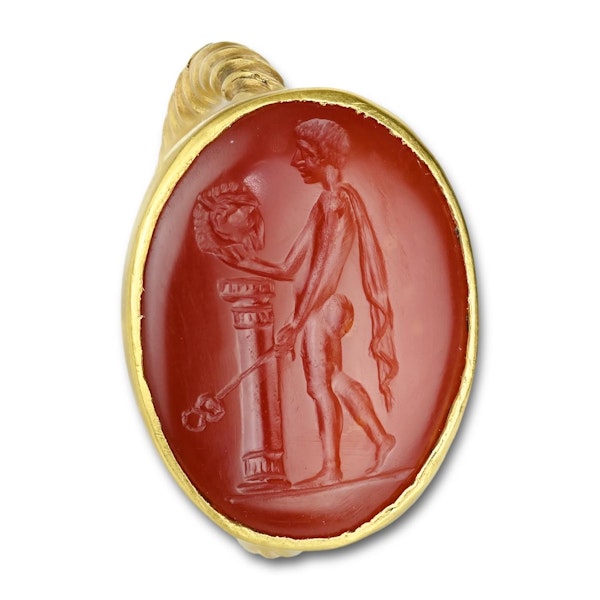 Gold ring with a carnelian intaglio of Hermes Kriophoros. Roman, 1st century BC. - image 1