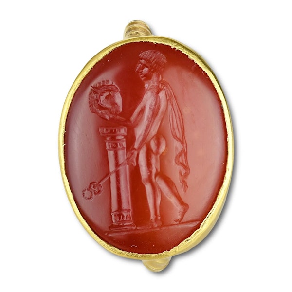 Gold ring with a carnelian intaglio of Hermes Kriophoros. Roman, 1st century BC. - image 6
