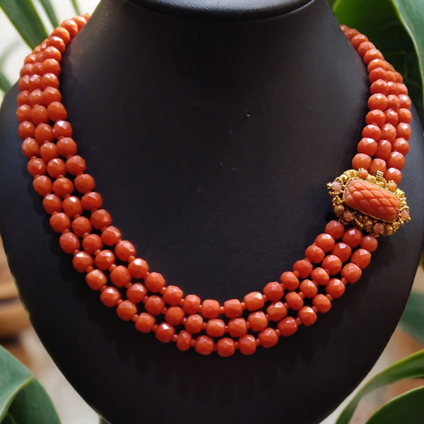 Antique C1850 Coral three strand collar necklace - image 1