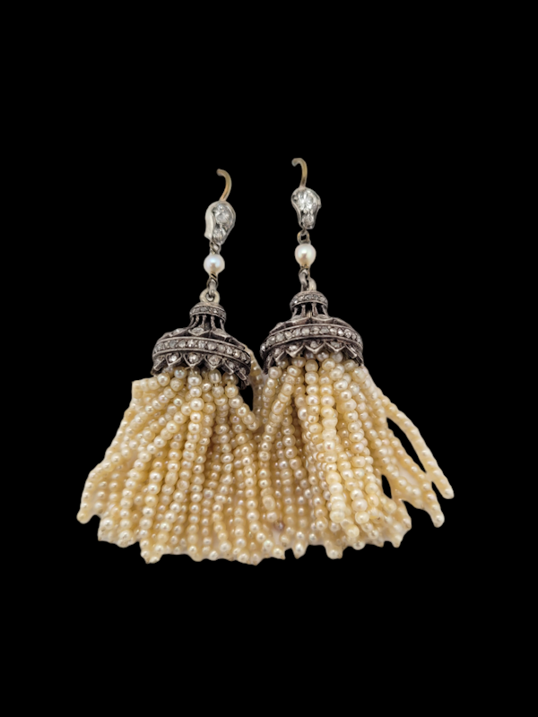 Pair of antique pearl tassel earrings with diamond tops SKU: 7165 DBGEMS - image 1
