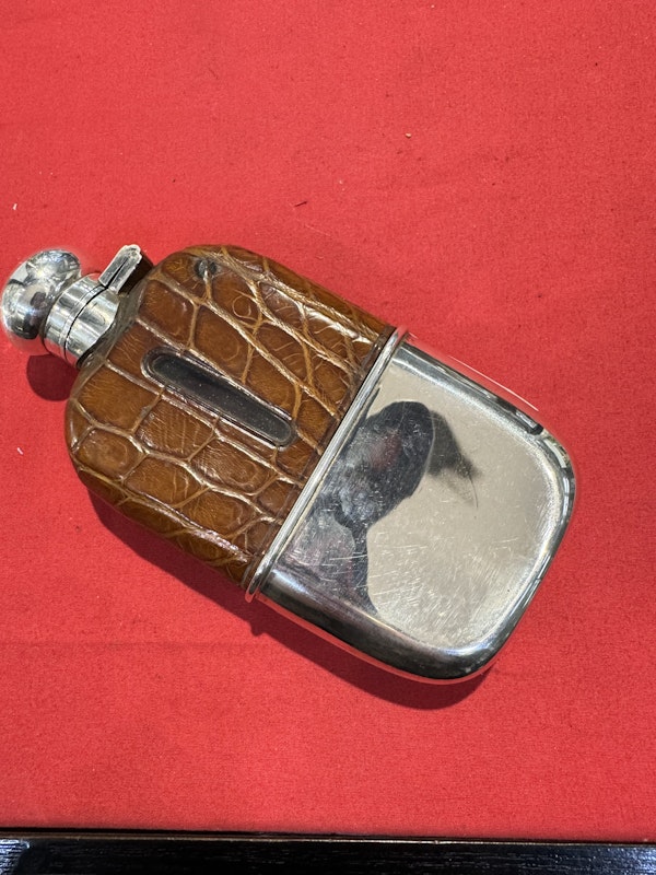 Antique silver & crocodile whiskey flask - image 3