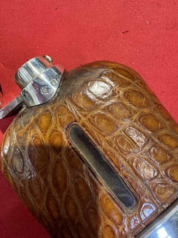 Antique silver & crocodile whiskey flask - image 2