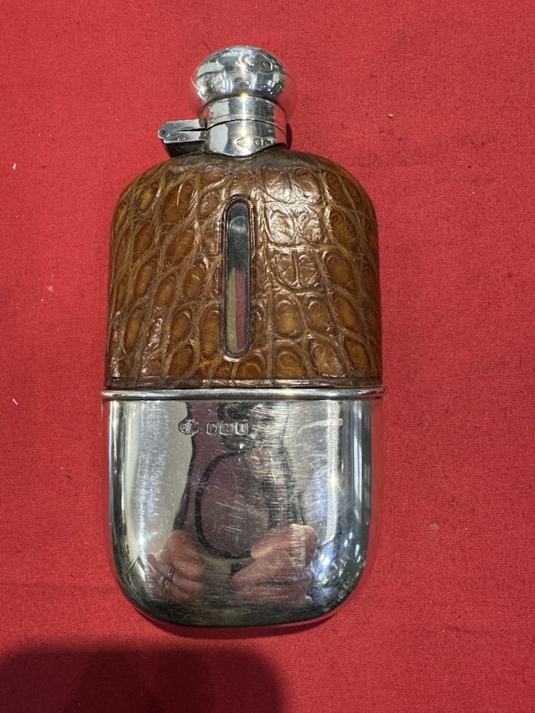 Antique silver & crocodile whiskey flask - image 5