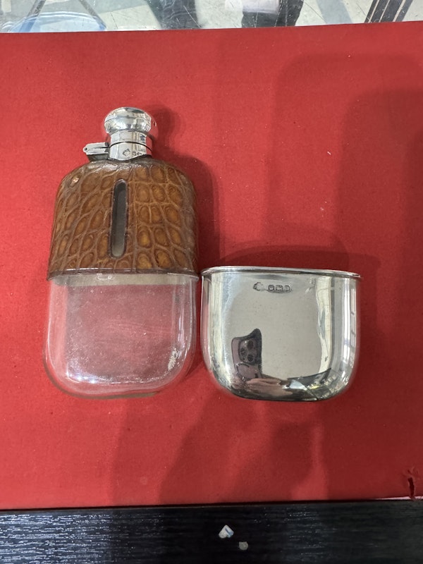 Antique silver & crocodile whiskey flask - image 6