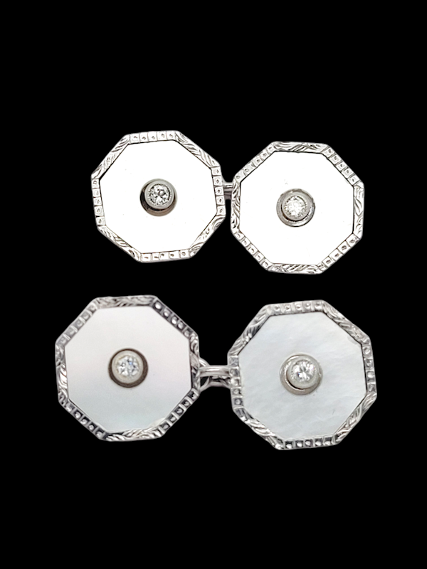 Art deco hexagonal mother of pearl and diamond cufflinks SKU: 7200 DBGEMS - image 1