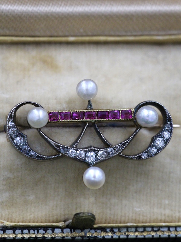 A very fine Victorian Pearl, Ruby and Diamond Brooch set in Silver tipped, High Carat Gold (tested), Circa 1880. - image 2