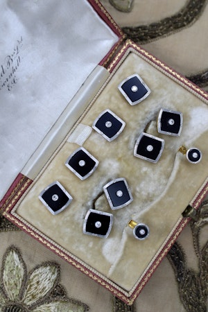 A fine set of 18ct Yellow Gold & Platinum Dress Studs set with Black Onyx and Diamonds. English  Circa 1920