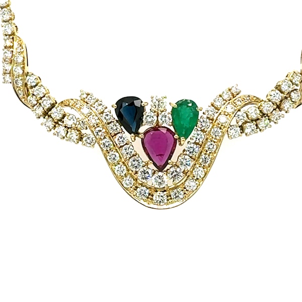 Multicolour Emerald, Ruby, Sapphire & diamond Cluster Necklace - image 2