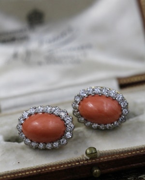 Downstairs at Grays :A very fine pair of Vintage Coral and Diamond Earrings in 18 Carat Yellow Gold (tested.)