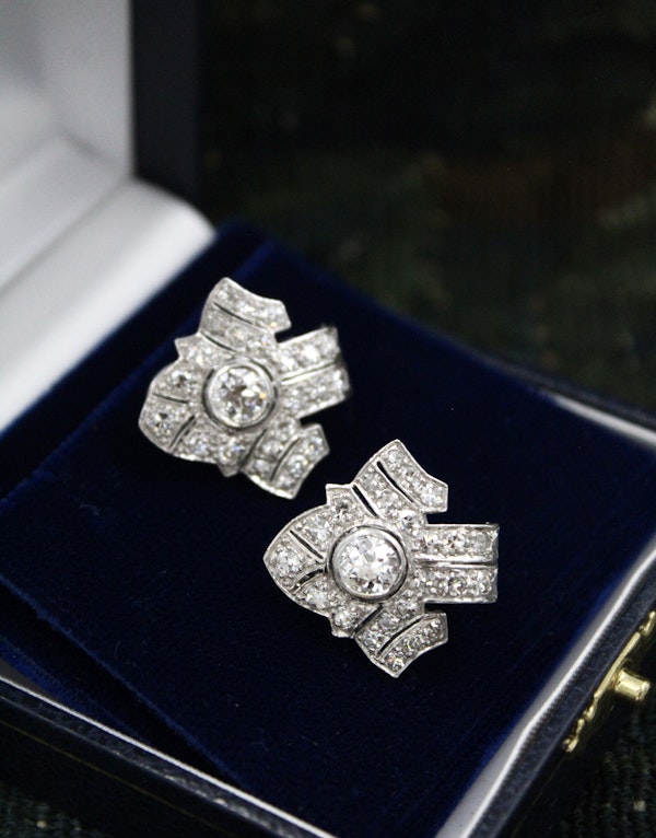 An exceptional pair of Platinum and 18 Carat White Gold Diamond Earrings, set with two Round Brilliant Cut Diamonds and Forty Six Round Brilliant Cut Natural Diamonds on the sides. - image 4