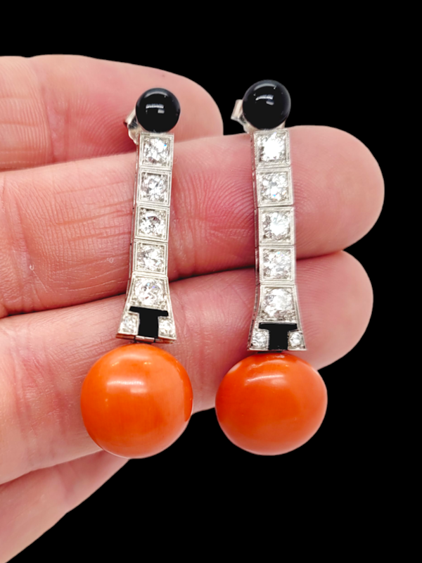 Art deco onyx diamond and coral drop earrings SKU: 7248 DBGEMS - image 2