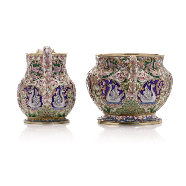 Antique Russian silver and shaded enamel sugar bowl and creamer by Orest Kurlukov, Moscow, circa 1900 - image 2