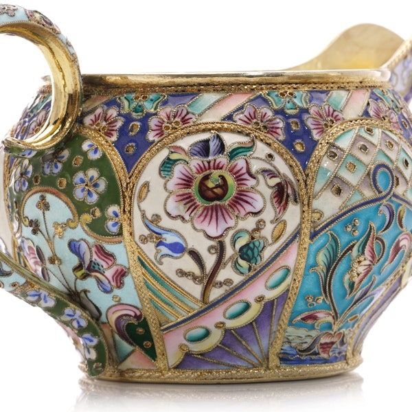 Antique Russian silver gilt and shaded enamel sugar basket and creamer, Moscow, circa 1910 - image 9