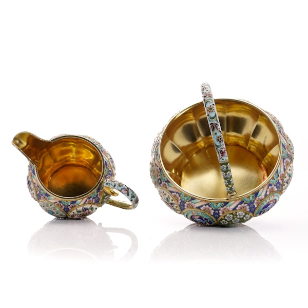 Antique Russian silver gilt and shaded enamel sugar basket and creamer, Moscow, circa 1910 - image 3