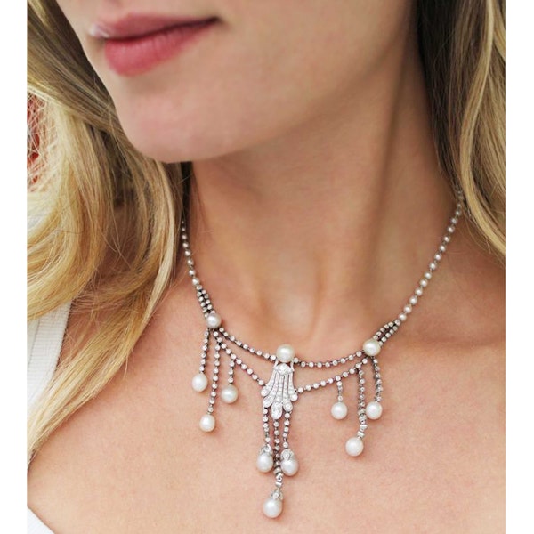 Marcus Natural Pearl Diamond and Platinum Necklace, Circa 1920 - image 4