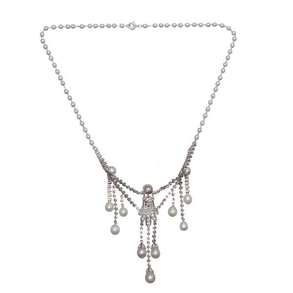 Marcus Natural Pearl Diamond and Platinum Necklace, Circa 1920 - image 5