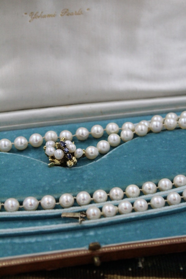 A fine Yellow Gold & Strung Cultured Pearl Necklace, set with four Round Cut Natural Sapphires (0.40 carats) and eighty three Oval and Near Shaped Cultured Pearls. Circa 1960 - image 2