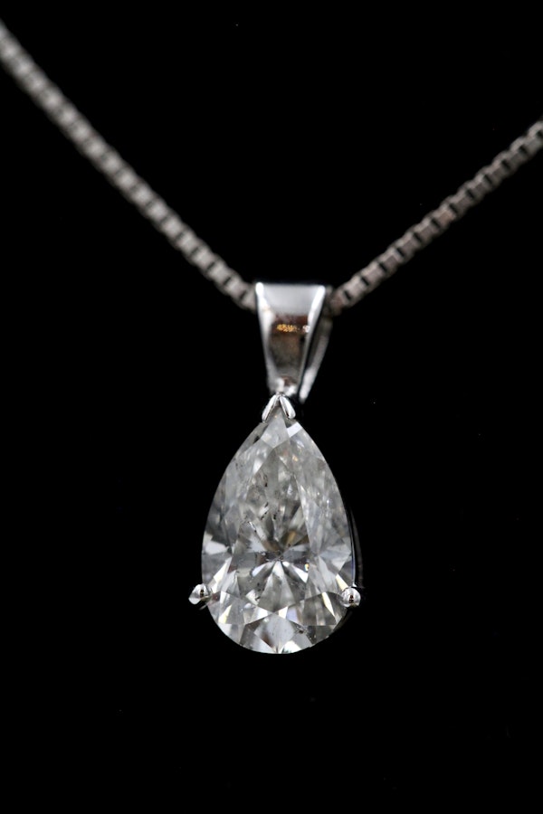 A very fine Pear Shaped  Diamond Pendant, independently assessed as being of 1.81 Carats (weighed), G Colour and SI Clarity, on an 18 Carat (marked) White Gold Chain. - image 1