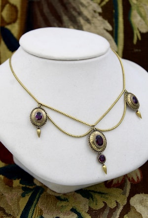 Downstairs at Grays: A very fine 15 carat (tested) Almandine Garnet Triple Pendant Necklace. Circa 25 February 1860