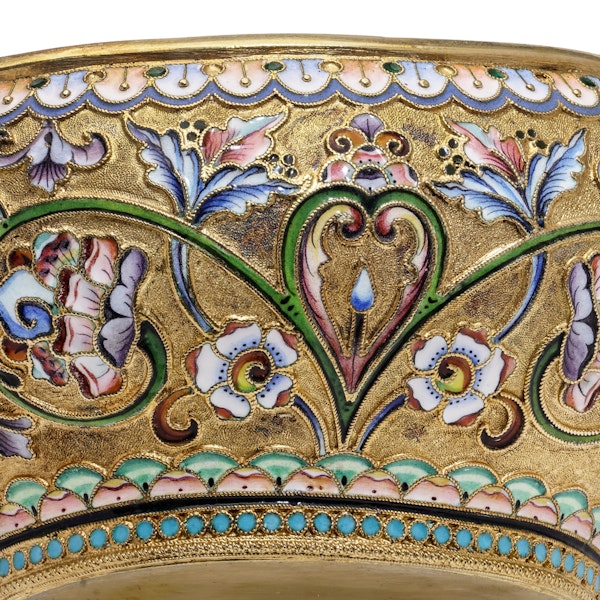 Russian silver gild and cloisonné shaded enamel kovsh, Moscow 1908-1917 by Grigoriy Sbitnev - image 4