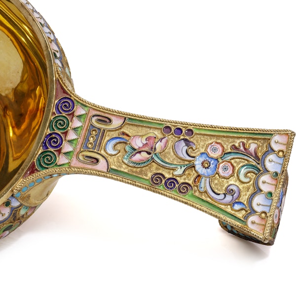 Russian silver gild and cloisonné shaded enamel kovsh, Moscow 1908-1917 by Grigoriy Sbitnev - image 5