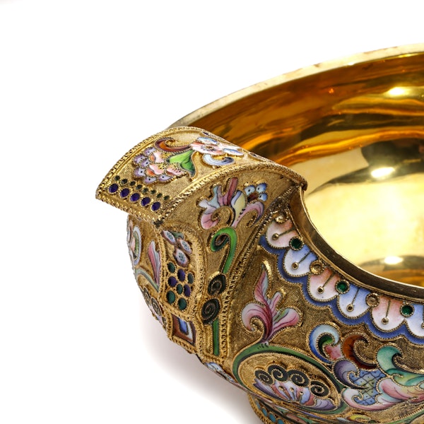 Russian silver gild and cloisonné shaded enamel kovsh, Moscow 1908-1917 by Grigoriy Sbitnev - image 3