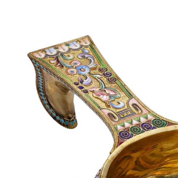Russian silver gild and cloisonné shaded enamel kovsh, Moscow 1908-1917 by Grigoriy Sbitnev - image 2