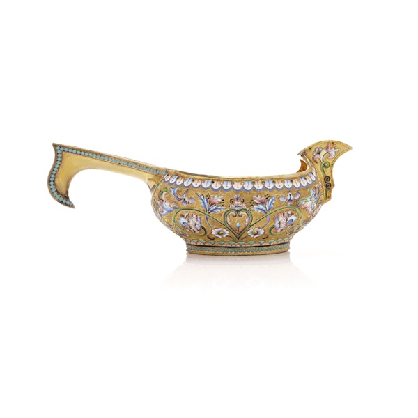 Russian silver gild and cloisonné shaded enamel kovsh, Moscow 1908-1917 by Grigoriy Sbitnev - image 6