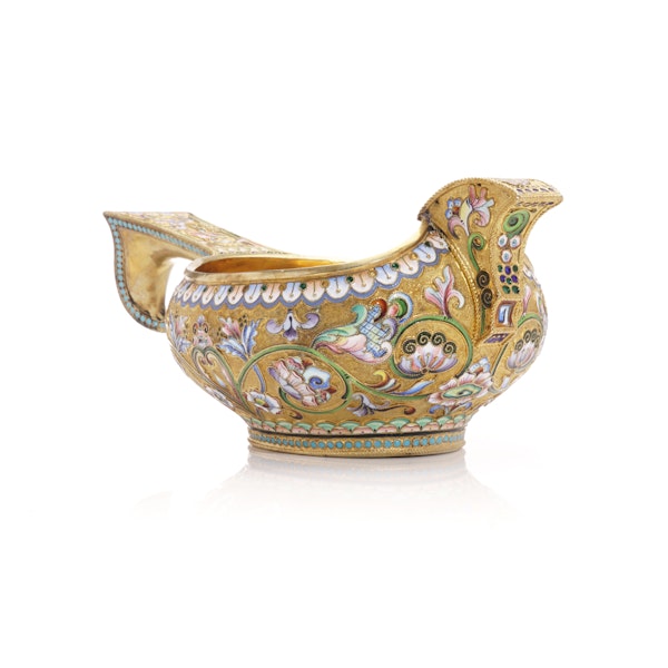 Russian silver gild and cloisonné shaded enamel kovsh, Moscow 1908-1917 by Grigoriy Sbitnev - image 7