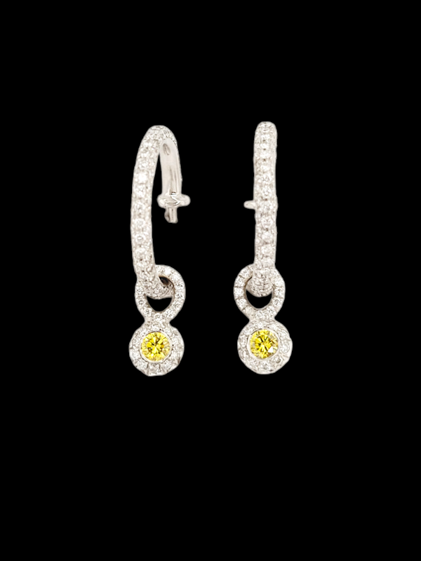 Pair of modern diamond hoop earrings with yellow diamond pendants SKU: 7294 DBGEMS - image 2