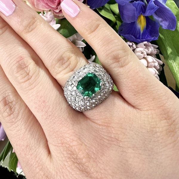 Emerald Diamond and 18ct White Gold Bombé Cluster Ring - image 1