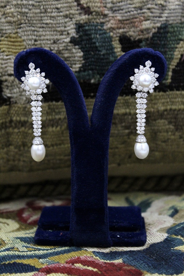 An Exquisite Pair of Cultured Pearl & Diamond Drop Earrings, Circa 1950. - image 1