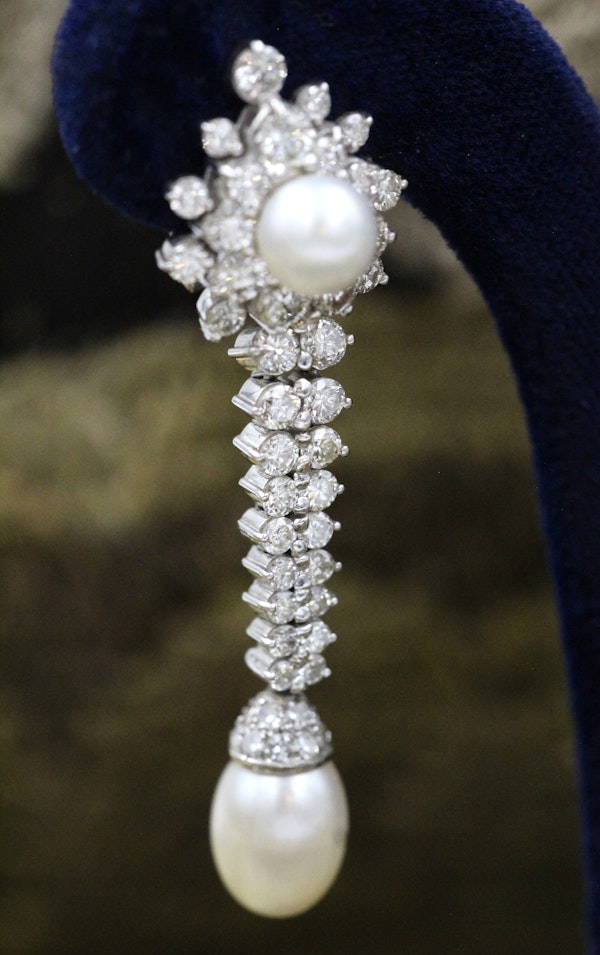 An Exquisite Pair of Cultured Pearl & Diamond Drop Earrings, Circa 1950. - image 2