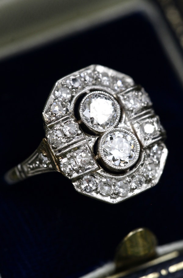 A very fine Art Deco Double Diamond Plaque Ring in Platinum (Tested). Centrally Rub-over set in the floating style with two 'Old European Cut' Diamonds. Circa 1930. - image 1