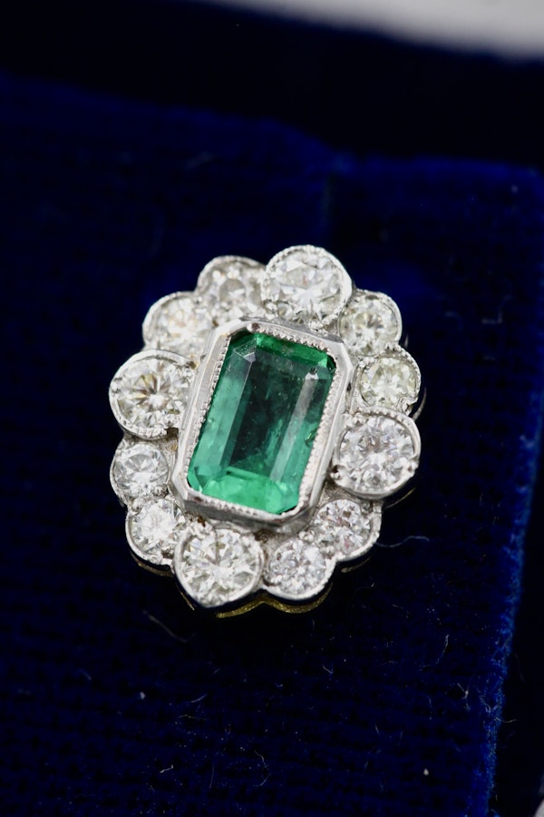 A fine pair of Oval Emerald & Diamond, 18 ct White & Yellow Gold (stamped 750) Cluster Earrings. Pre-owned - image 2