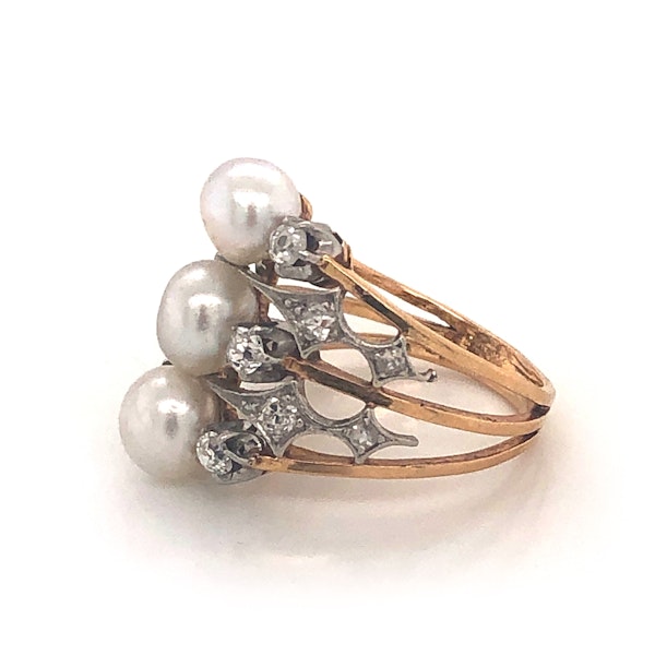 French Art Nouveau Pearl Diamond Platinum and Gold Three Row Ring, Circa 1900 - image 5