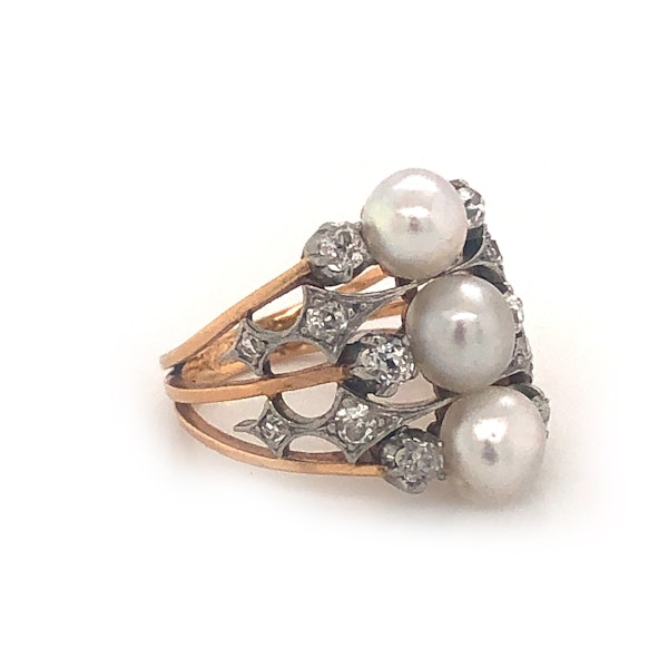 French Art Nouveau Pearl Diamond Platinum and Gold Three Row Ring, Circa 1900 - image 6