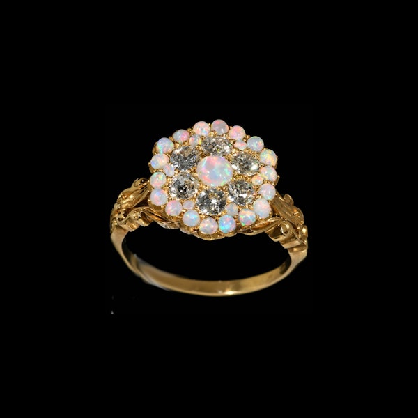 MM8756r Victorian fine quality opal diamond cluster ring carved gold mount beautiful 1880c - image 1