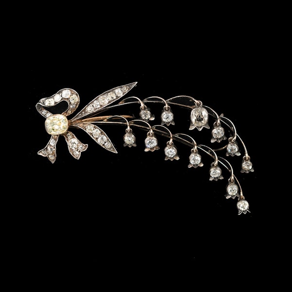 Victorian lily of the valley brooch with natural yellow diamond and moving diamond flowers possibly Russian gold silver 1880c - image 1