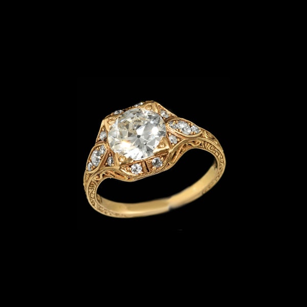 MM8823r Edwardian 1.53ct old cut diamond in mint condition gold engraved mount stunning rare 1910c - image 1