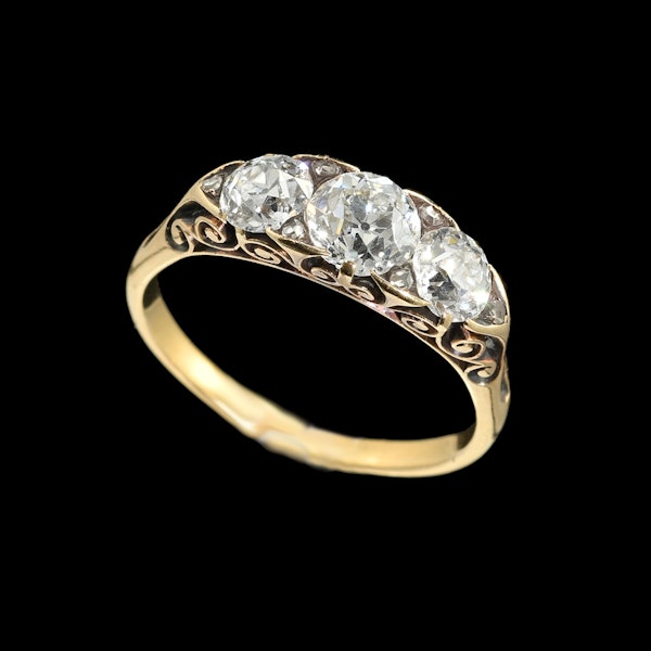 MM8523r Victorian carved half hoop three stone diamond ring white stones 1880c - image 1