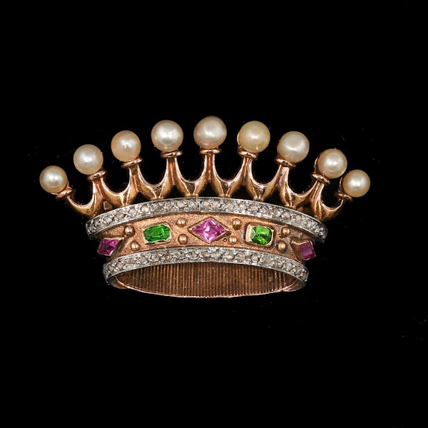 MM8827b Victorian gold crown brooch green garnet pink sapphires diamonds pearls 1890c - image 1