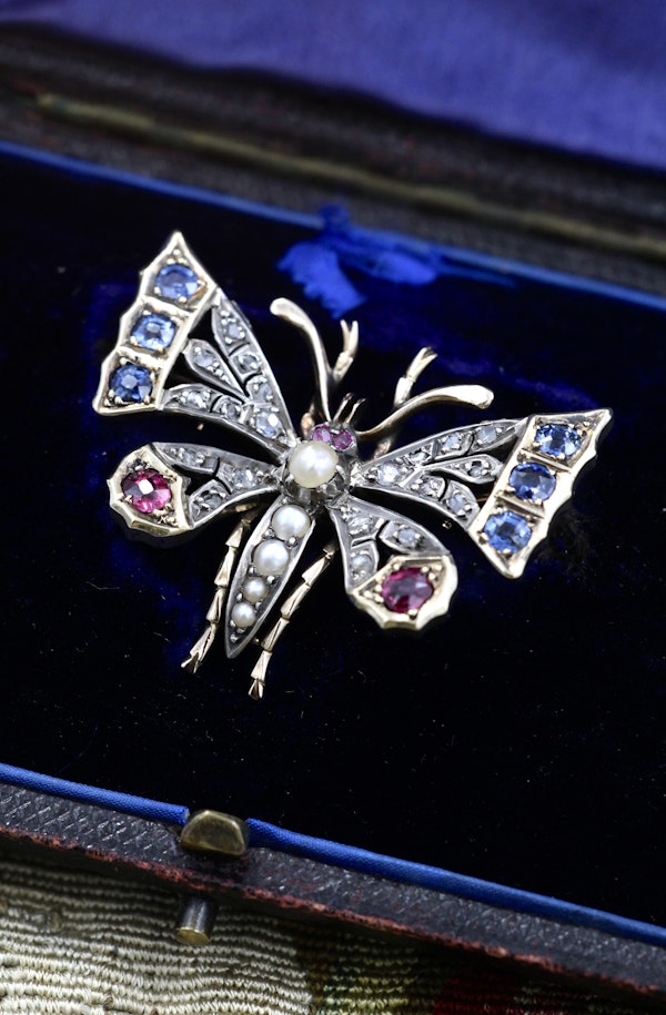 A very fine High Carat Yellow Gold  (tested) Victorian Diamond, Natural Sapphire & Ruby Butterfly Pendant Brooch Circa 1880 - image 1
