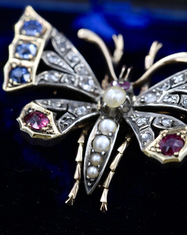 A very fine High Carat Yellow Gold  (tested) Victorian Diamond, Natural Sapphire & Ruby Butterfly Pendant Brooch Circa 1880 - image 2